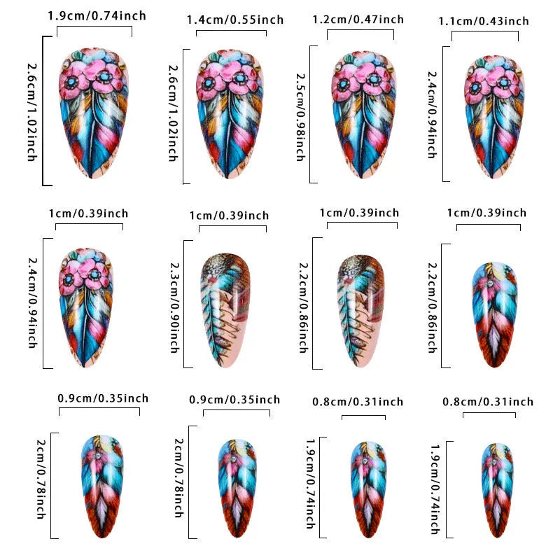 European American retro nail art set with colourful feather armour designs