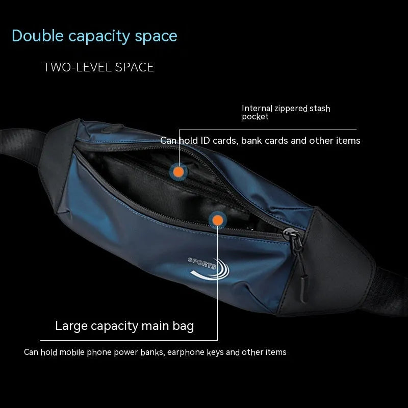Men's black waterproof sports waist bag with bungee cord waistband on a grey background