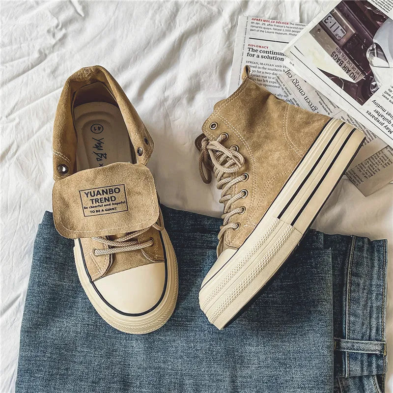 Unisex solid-colour canvas platform shoes with vulcanised rubber sole in black, dark brown, and khaki, sizes 35-44
