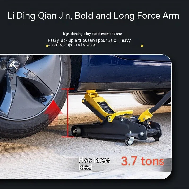 Horizontal hydraulic low-profile car jack with handle for tyre changing