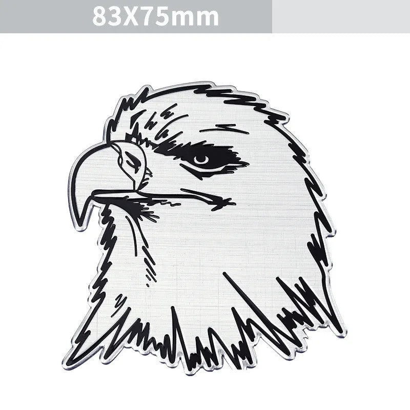 Aluminium car sticker set showing lion, eagle, wolf head and tiger emblem designs for vehicle modification.