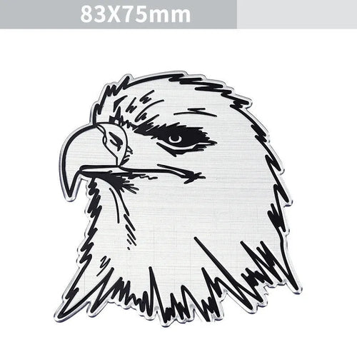 Aluminium car sticker set showing lion, eagle, wolf head and tiger emblem designs for vehicle modification.