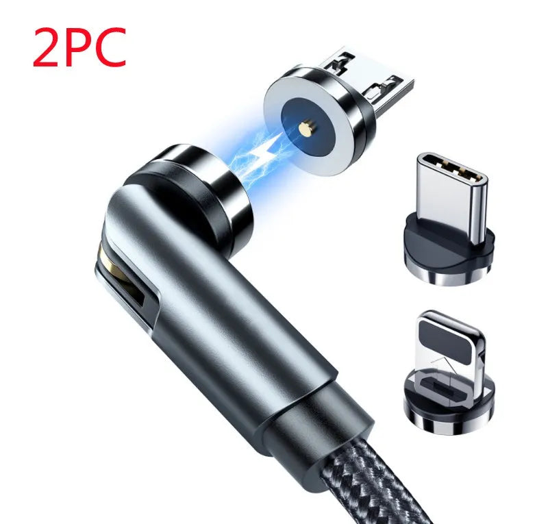 Essager black magnetic USB cable with 360-degree rotating head and blue LED light, shown with Micro USB, Lightning, and Type C tips.