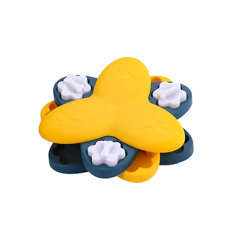 Green and yellow interactive dog puzzle toy slow feeder bowl with nine bone-covered compartments.