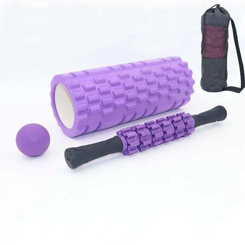 Black six-piece foam roller with gear pattern measuring 33cm long for muscle massage