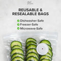 White USB electric vacuum sealer pump and five clear plastic 26x28cm storage bags.