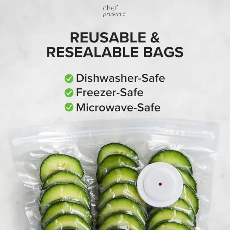 White USB electric vacuum sealer pump and five clear plastic 26x28cm storage bags.
