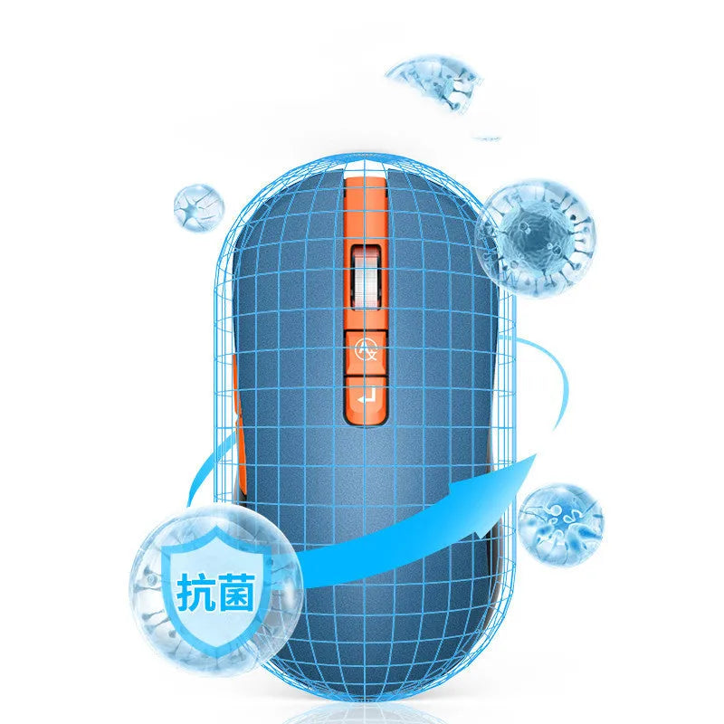White wireless computer mouse with seven buttons on a desk, showing the USB receiver and voice transcription icon on screen.