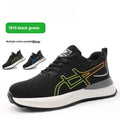 Low-cut safety protective shoes in black blue colour with flying mesh upper and rubber tendon construction