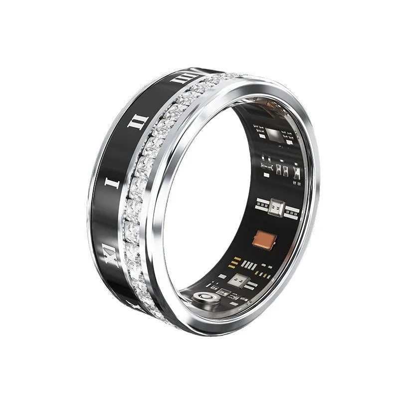 Silver and gold smart rings with diamond inlay showing blood oxygen monitoring technology on finger