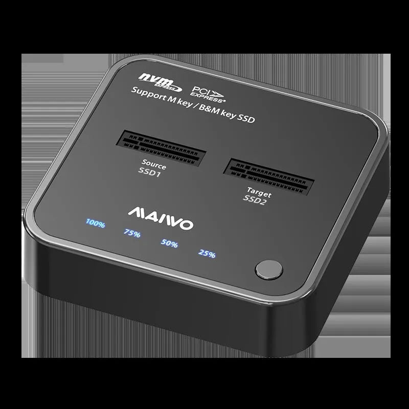 MAIWO K3016 M2 hard disk cloning dock for NVMe and SATA SSDs with USB cables and power adapter.