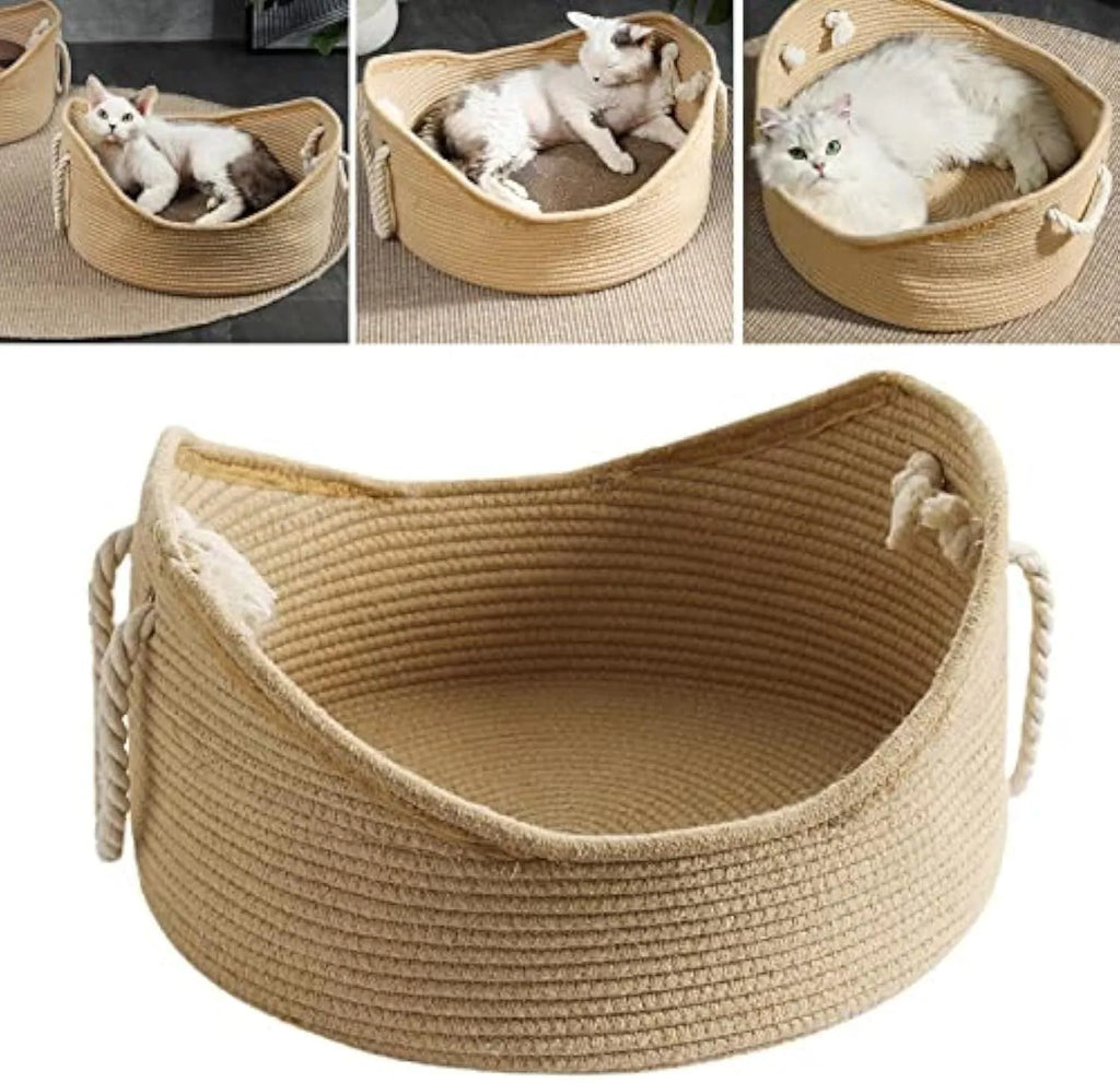 Woven rattan cat bed basket with corrugated scratching board in two size options