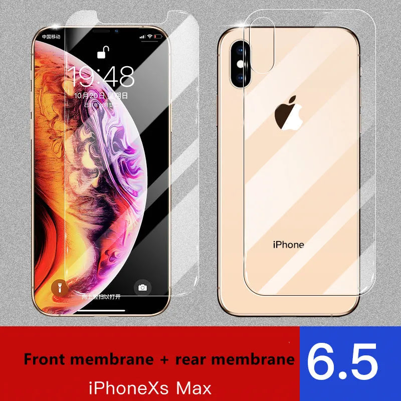 Tempered glass screen and rear protector for Apple iPhone models.