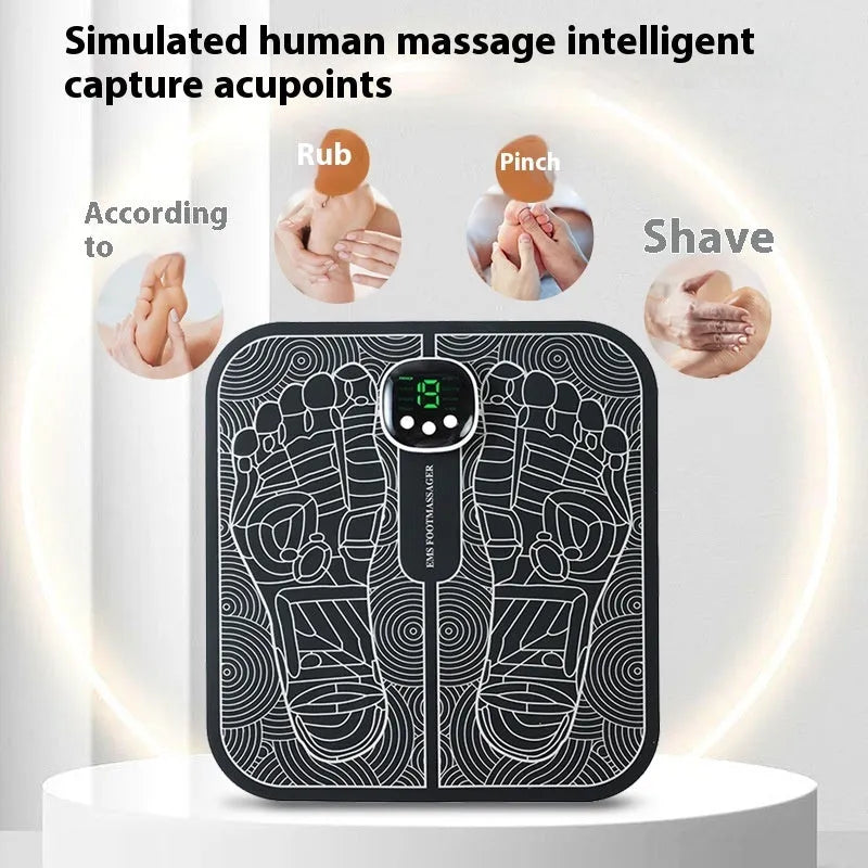 Rechargeable reflexology foot massager mat with foot pad and remote control on floor