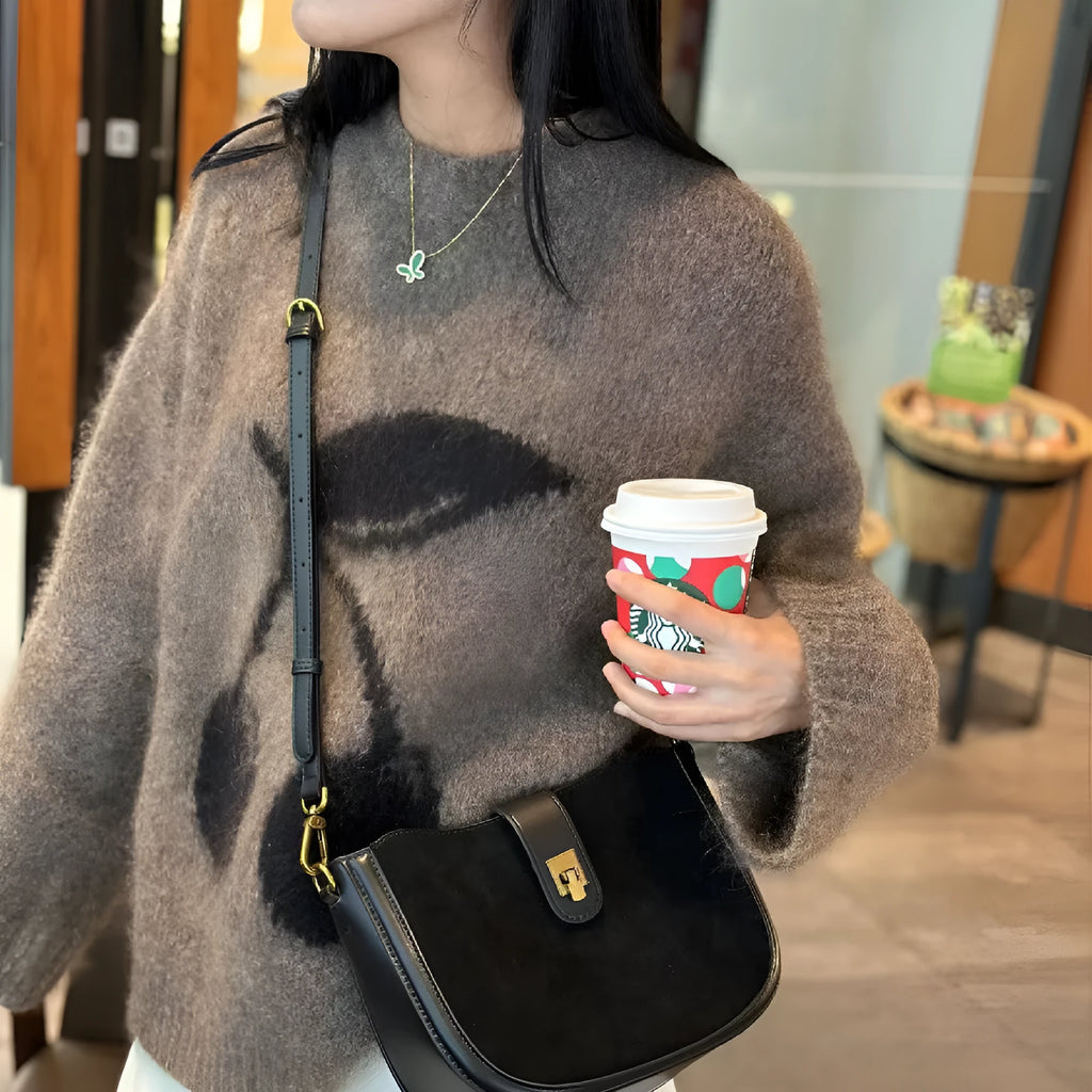 Women's brown genuine leather one-shoulder crossbody bag with a front sandwich pocket