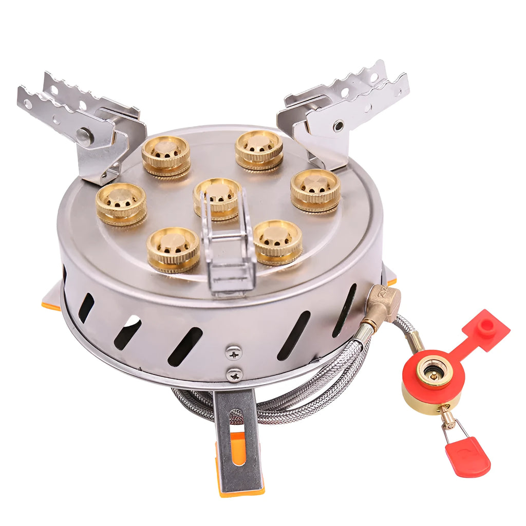 Camping stove with seven burners set on a stable steel frame for group outdoor cooking