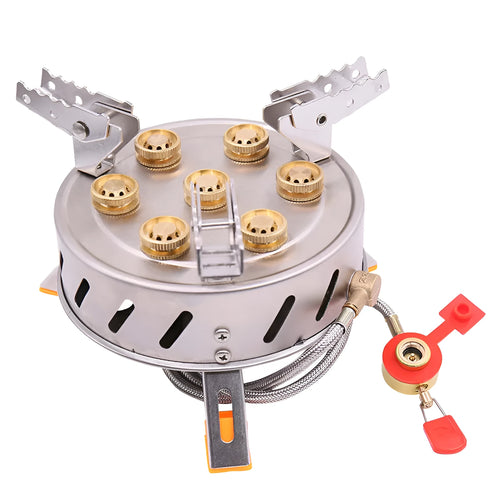 Camping stove with seven burners set on a stable steel frame for group outdoor cooking