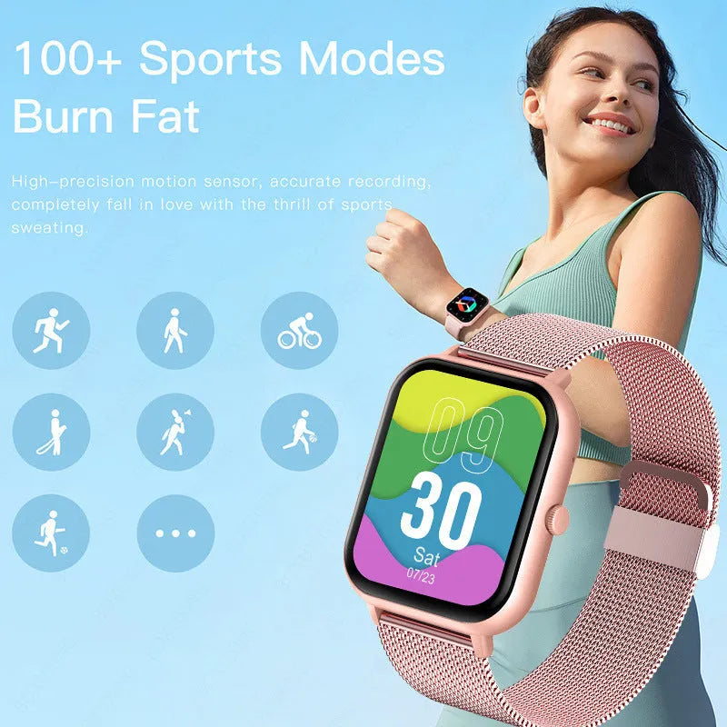 ZL54C smart watch with AMOLED screen displaying health stats, shown with Milan steel strap options.