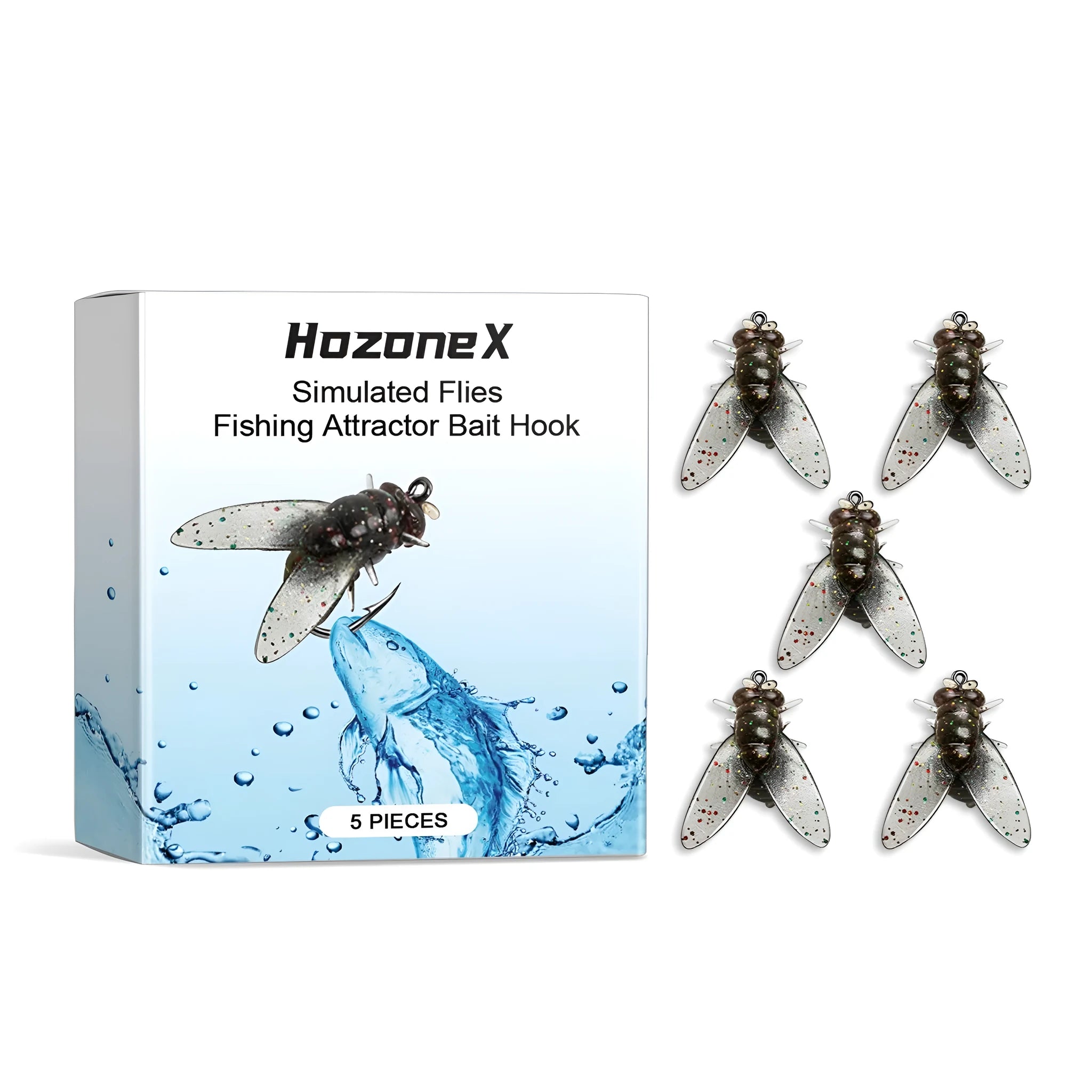 Five small, soft TPR and silicone artificial insect fishing lures measuring 1.5cm, presented in an open box.