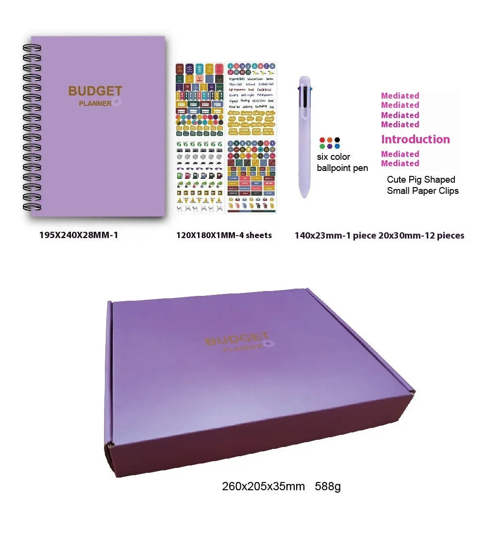 J12 purple coil-bound budget book open showing Daolin paper pages with financial tracking stickers and paper clips