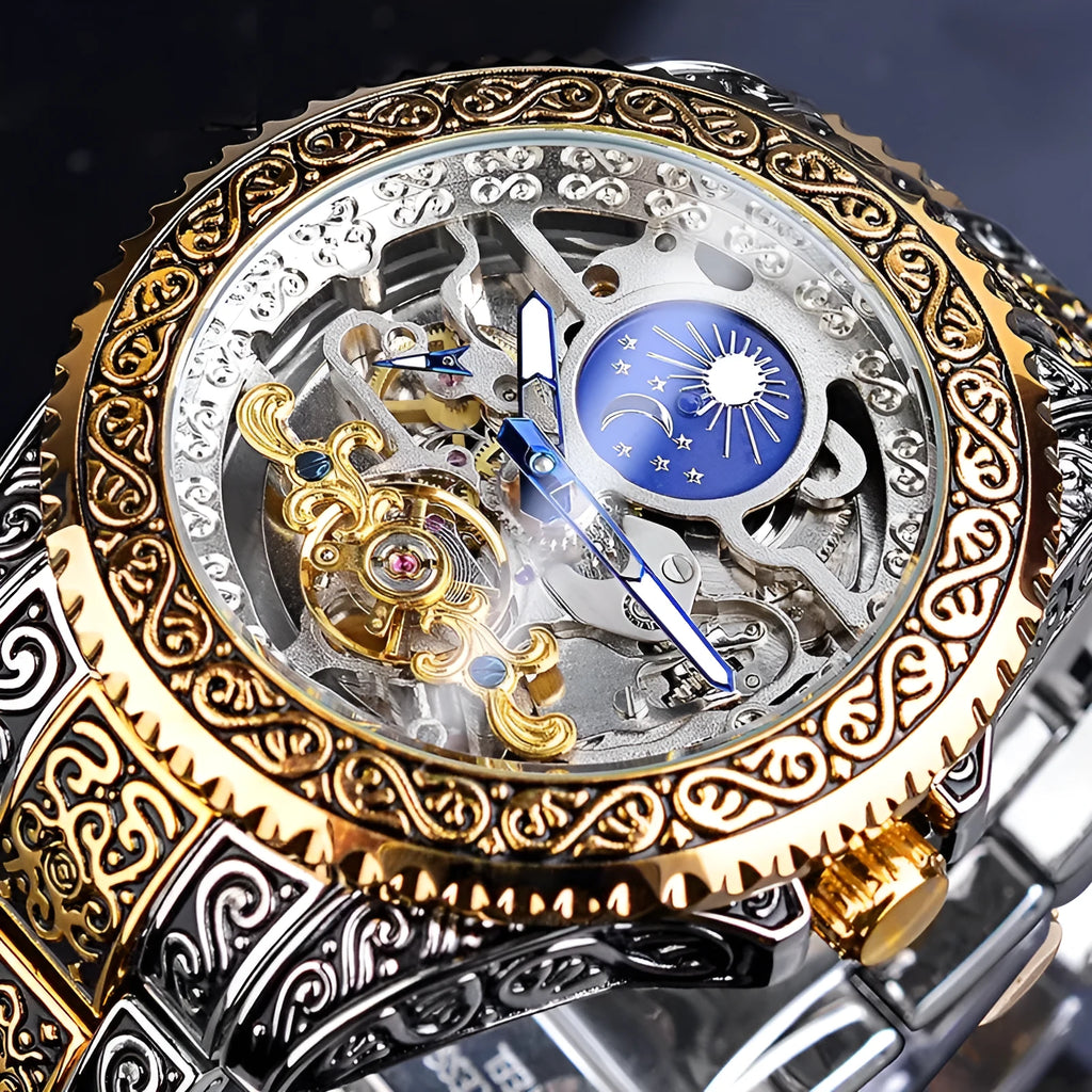 Yellow Forsining skeleton tourbillon mechanical watch with stainless steel case and bracelet