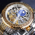 Yellow Forsining skeleton tourbillon mechanical watch with stainless steel case and bracelet