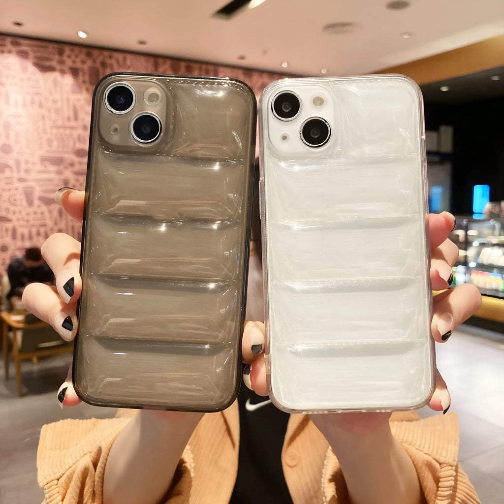Transparent TPU air cushion phone case for iPhone 15 series with down jacket design, shown in transparent and transparent black.