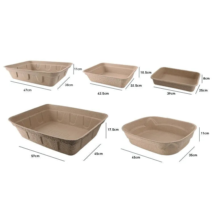 Brown disposable waterproof cat litter box showing three size options for biodegradable pet waste management