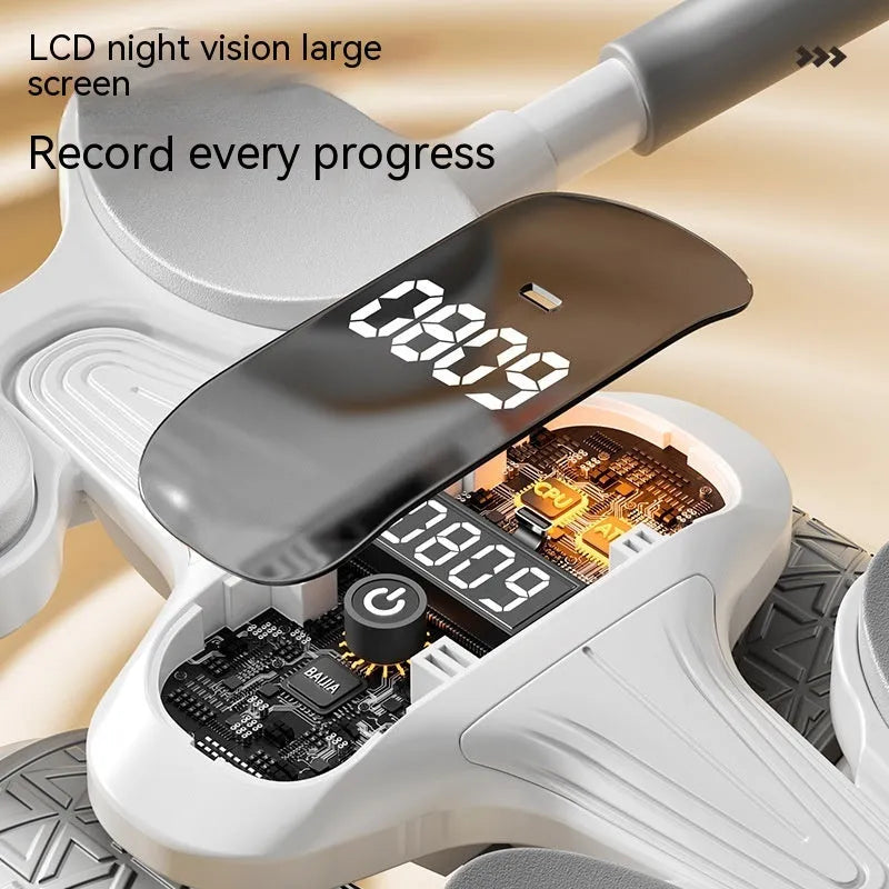 White belly roller fitness equipment with LED timing screen for abdominal contraction exercises