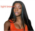 Women's long straight black synthetic wig with centre-part and bangs on a mannequin head