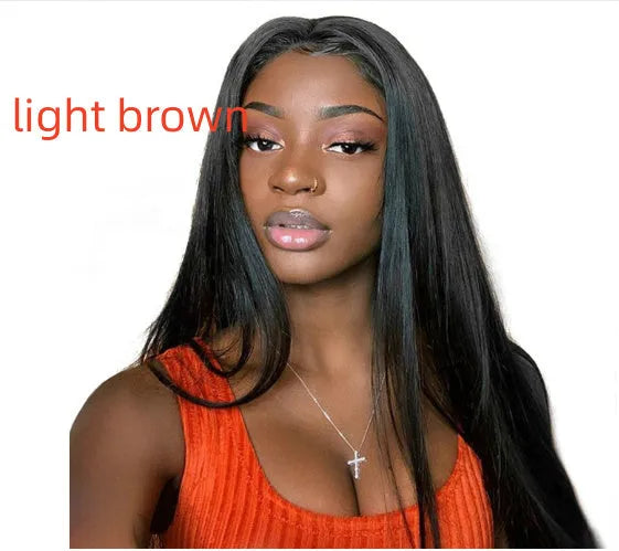 Women's long straight black synthetic wig with centre-part and bangs on a mannequin head