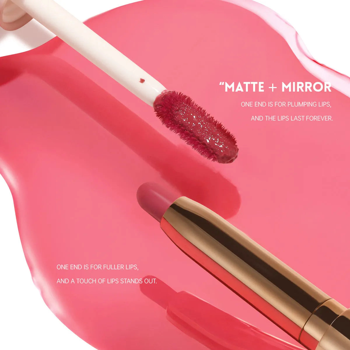 Double-headed lipstick and lip gloss product showing matte and glossy ends in one of ten available colours.