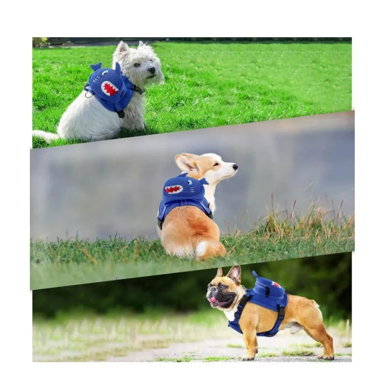 Adjustable polyester pet dog breast strap backpack with cartoon animal pattern, blue option, 10x10x3cm size