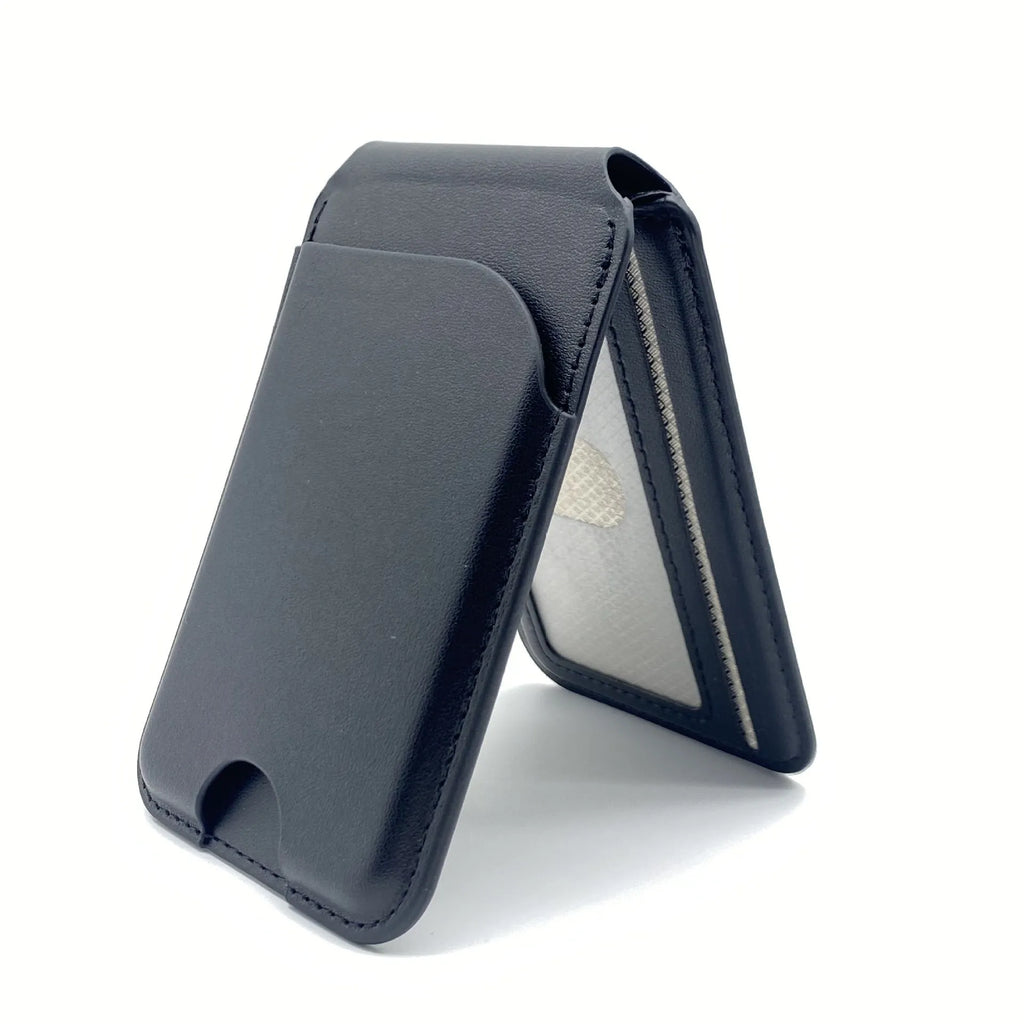 Leather magnetic bracket card holder in black with anti-fingerprint surface for Opp Bag