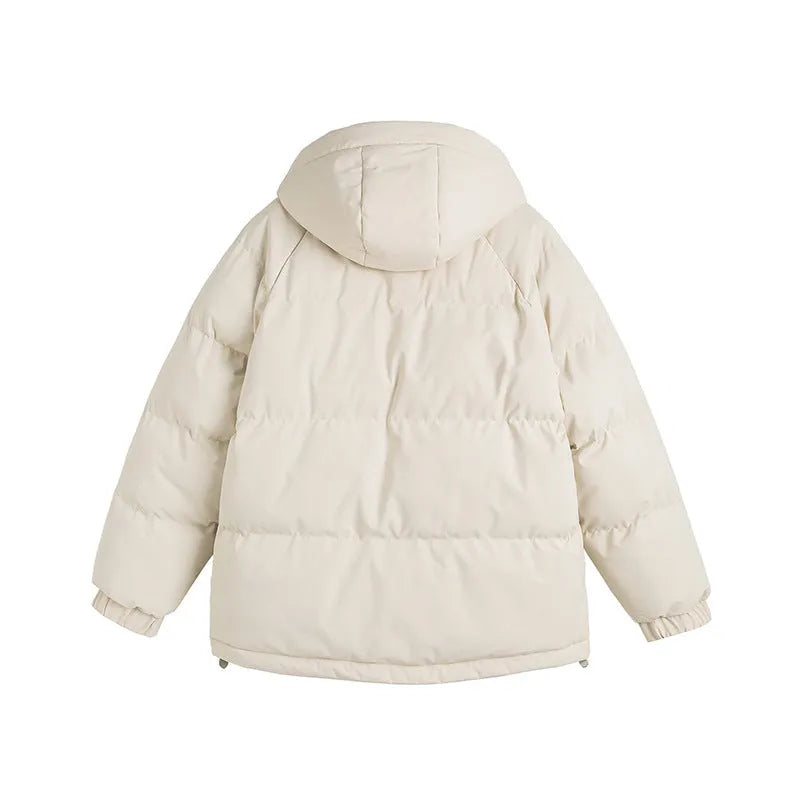 Loose two-piece padded winter coat in a cardigan style with side pockets.