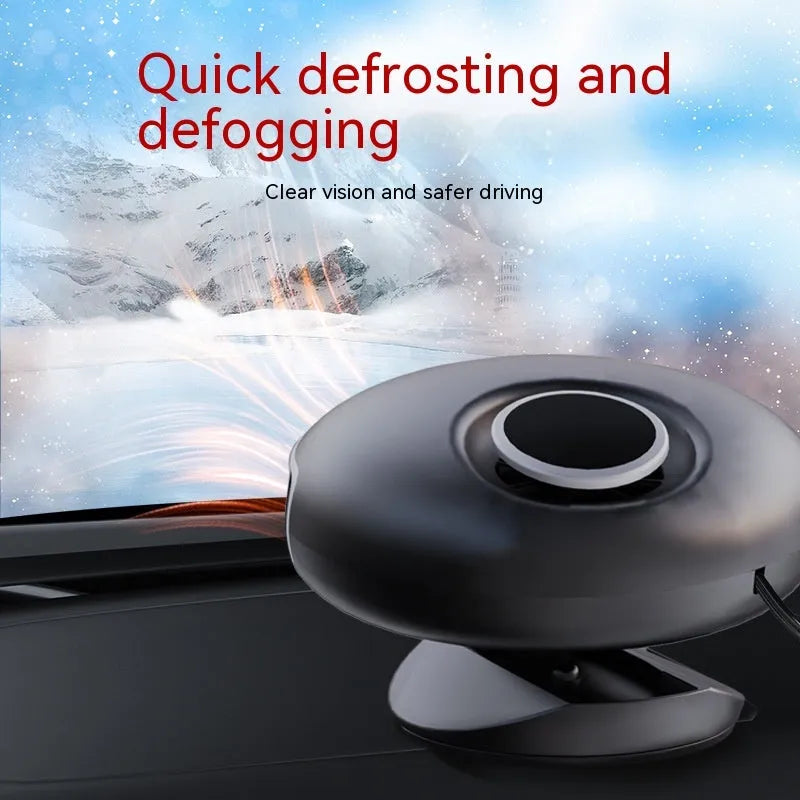 Black portable car heater with long power cable for 12v and 24v defrosting and demisting.