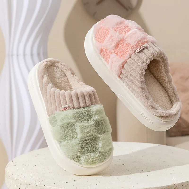 Women's plush house slippers in multiple colours with non-slip soles for indoor autumn and winter wear