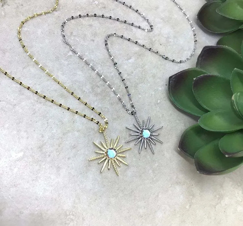 Gold sun god necklace with geometric synthetic opal pendant on a 45cm cross chain with 5cm extension