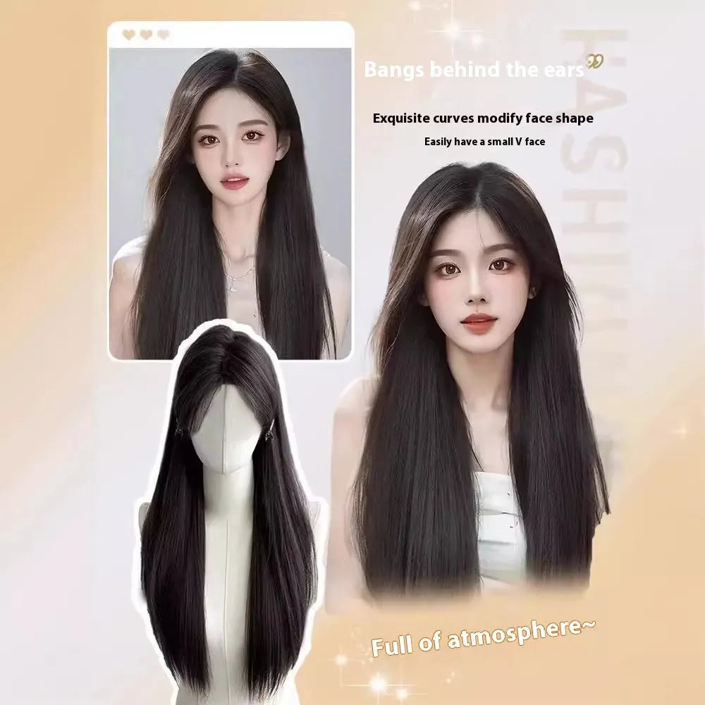 Forehead lace long straight wig with side bangs in high temperature fibre material