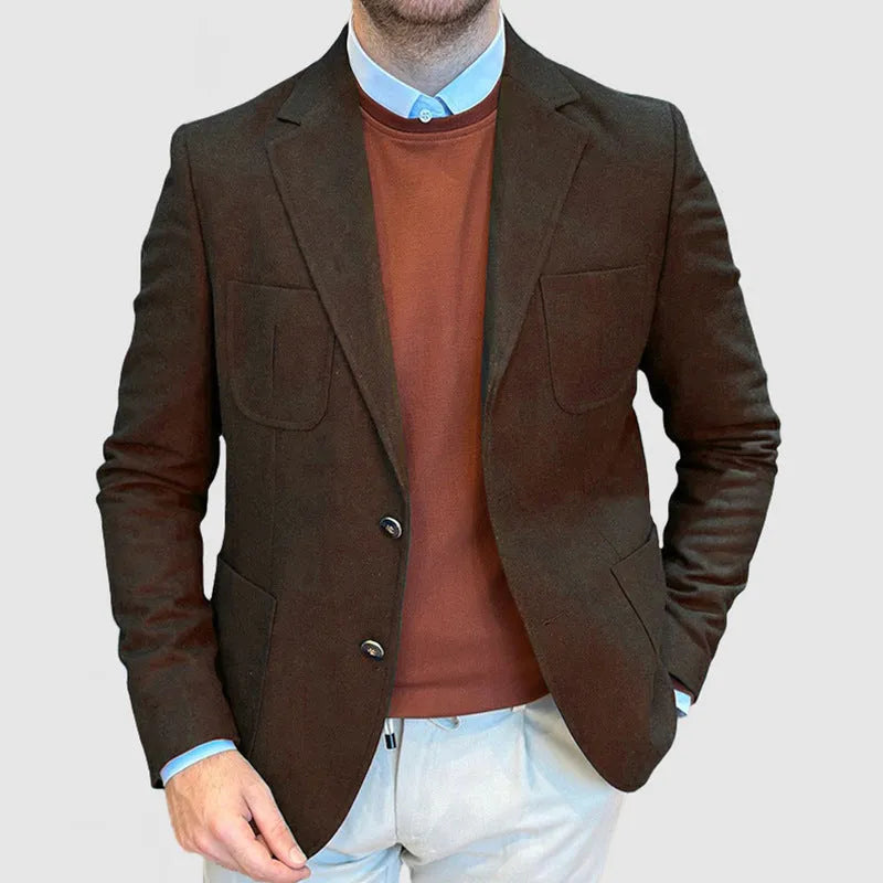 Men's loose fit cotton suit jacket in army green, shown on a hanger.
