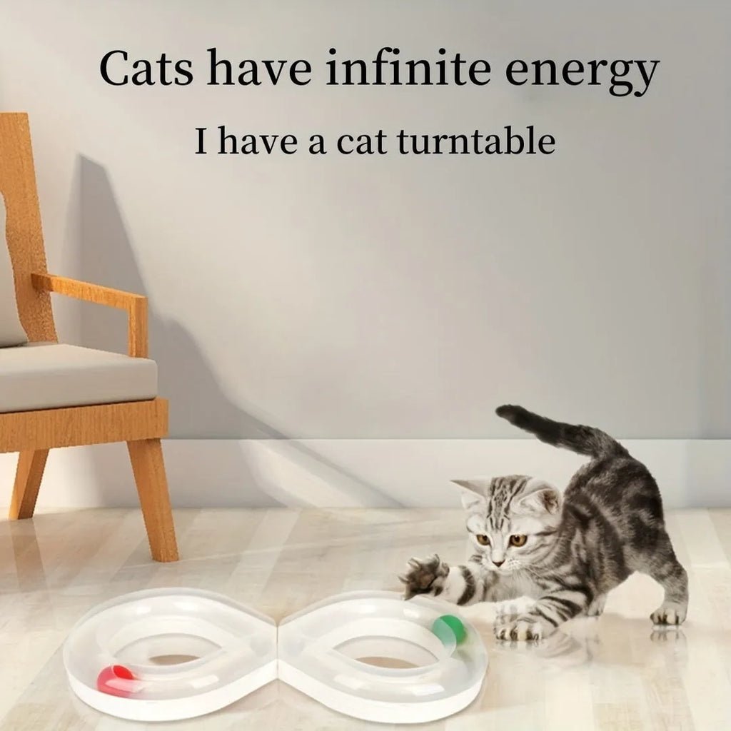 Cat toys set with rotating track ball turntable and teasing stick on white background