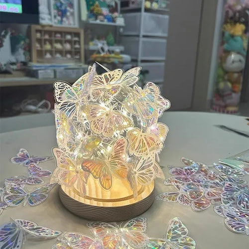 Butterfly night lamp with glass shade on wood base for bedroom bedside lighting