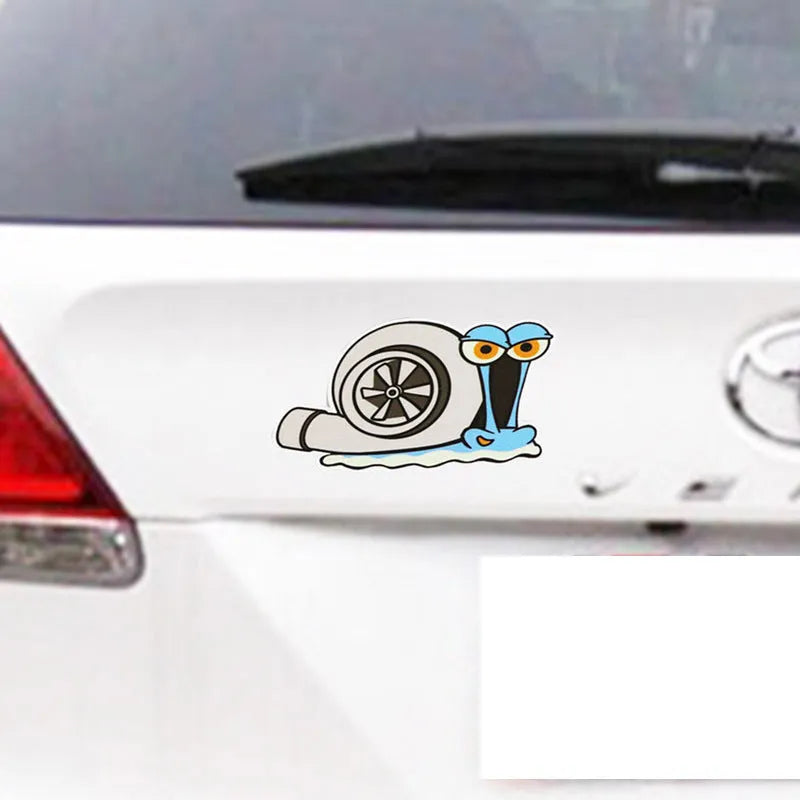 White reflective cartoon snail car sticker measuring 12 by 8 centimetres.