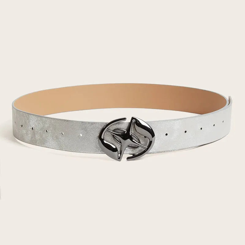 Retro women's belt with an oval alloy buckle on a thick earth-tone PU leather strap.