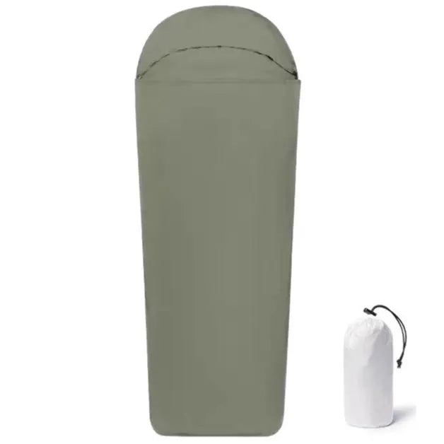 Blue mummy-style nylon camping sleeping bag with tapered design, shown rolled and unrolled.