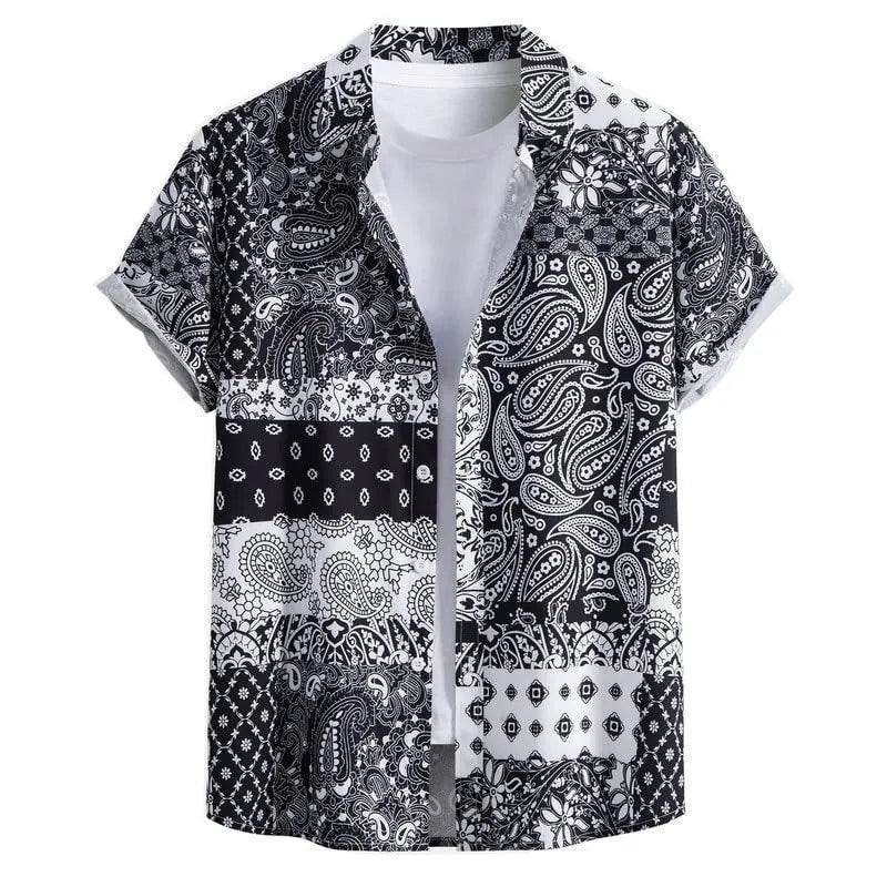 Men's slim fit short sleeve Hawaiian shirt with digital print pattern on stretch polyester fabric.