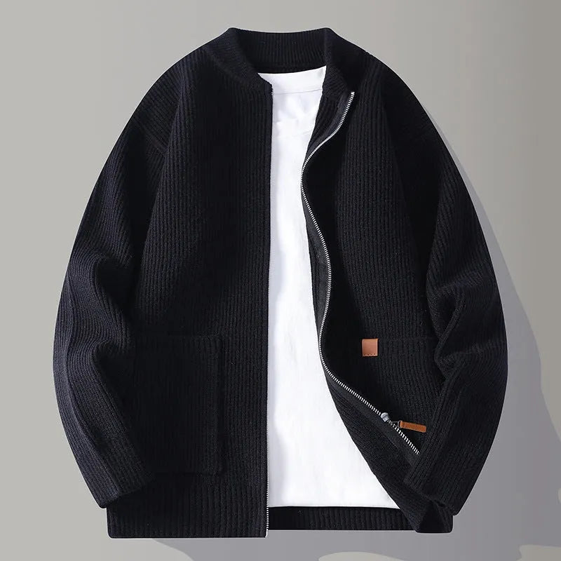 Men's casual autumn winter cardigan in beige, loose fit, long sleeves, ribbed hem, polyester and rabbit hair blend
