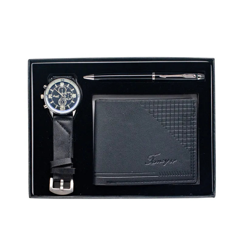 Creative holiday gift set showing a brown wallet, pen, and watch presented in an elegant paper gift box.