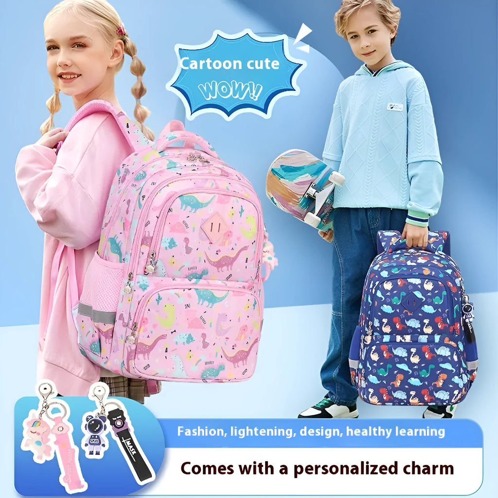 Children's waterproof school backpack in multiple colours including dinosaur and rainbow patterns