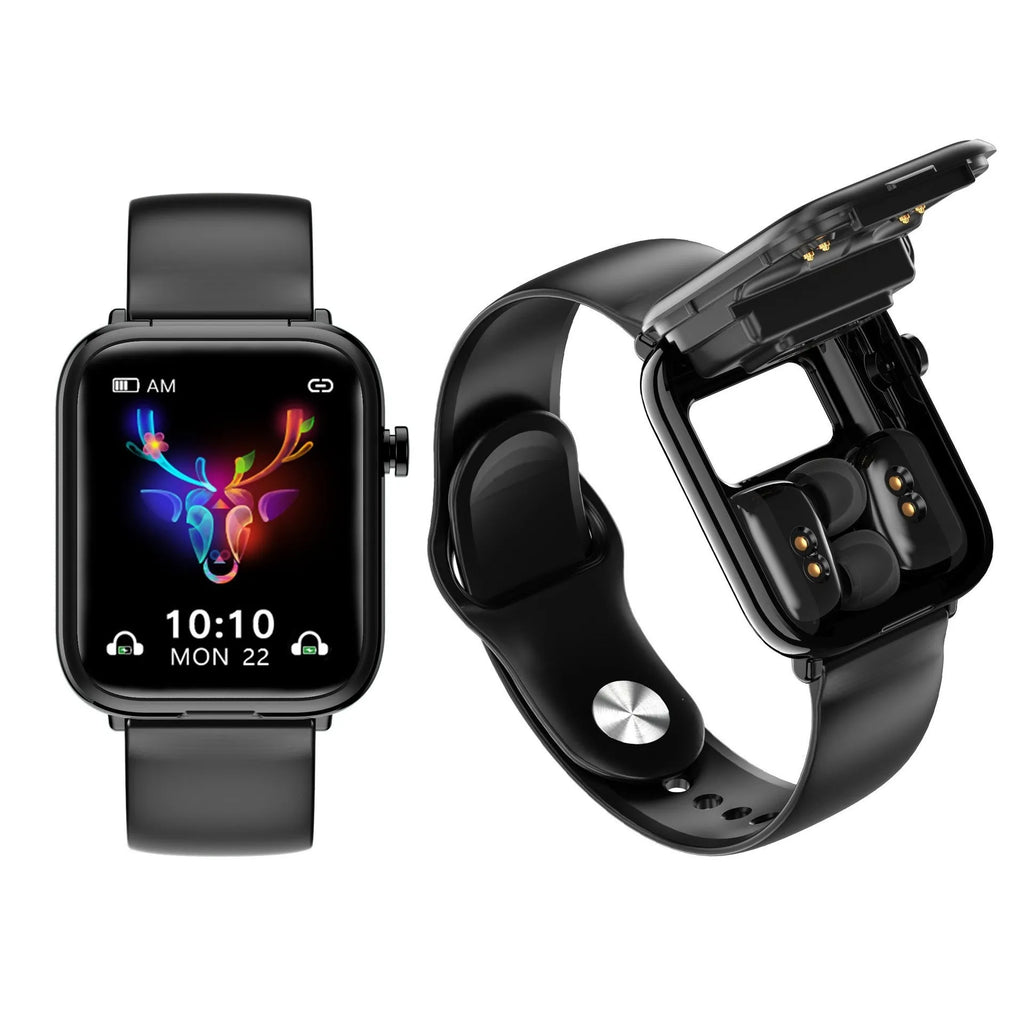 Black smartwatch with detachable wireless earbuds on a 1.69-inch touchscreen display.